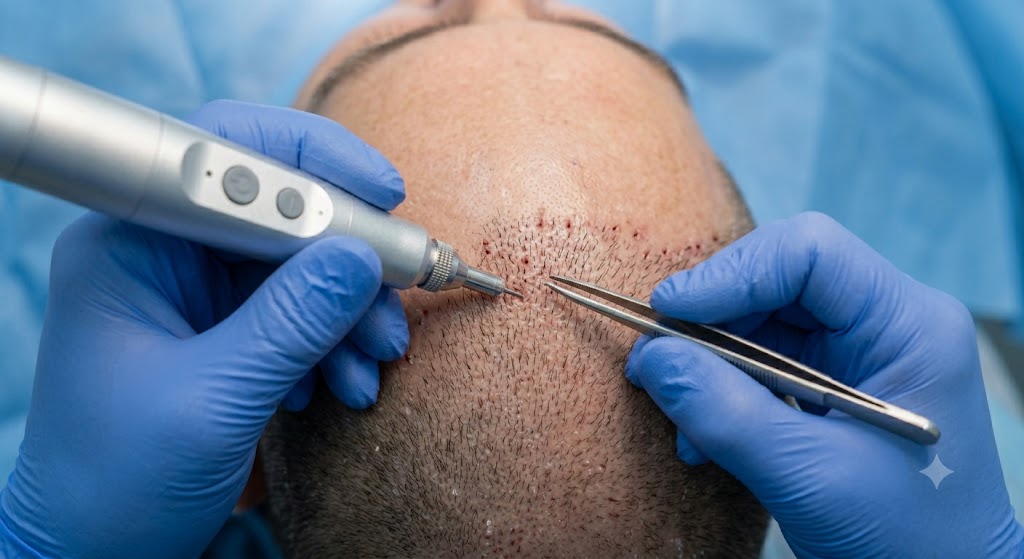 A close-up of a generic surgeon's hands performing precision FUE extraction, emphasizing angle alignment for minimal follicle transection in a sterile clinical setting.