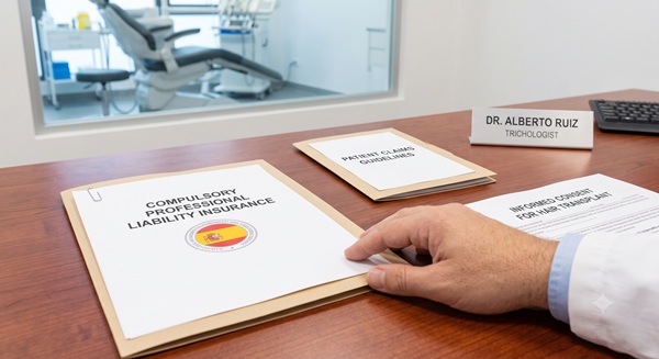Close-up of a compulsory professional liability insurance document and informed consent files on a doctor's desk in a Spanish hair transplant clinic.