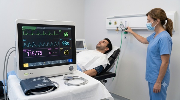 A medical monitor showing real-time stable ECG and SpO2 waveforms during FUE surgery at a Spanish clinic. A nurse adjusts the centralized medical oxygen flowmeter, demonstrating continuous vital sign monitoring and airway safety infrastructure.