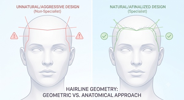 Comparative clean medical infographic panel illustrating the principles of an unnatural, geometric hairline configuration by a non-specialist versus a natural, soft hairline based on anatomical geometry.