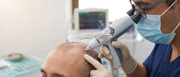 Needle-free jet injector system administering comfort anesthesia to a patient's hairline in a modern Spanish clinic, reducing pain.