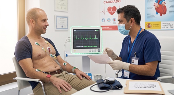 Pre-operative resting ECG (Electrocardiogram) cardiac safety screening performed on a patient in a Spanish clinic before a hair transplant.