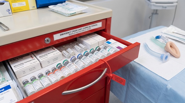 Close-up of a sealed professional emergency crash cart in a Spanish hair clinic operating room. Key medications like Epinephrine and Atropine with Spanish labels are visible in the top drawer, secured by an intact red safety seal.