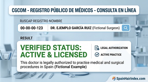 Educational diagram illustrating a sample public registry search result (CGCOM) showing the active and verified licensing status of a fictional surgeon in Spain