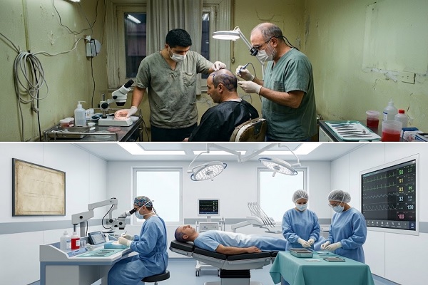 A comparison of the facilities between an illegal clinic and a certified hair transplant clinic