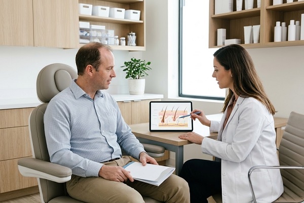 A trichologist explains the protocols for hair restoration to a patient