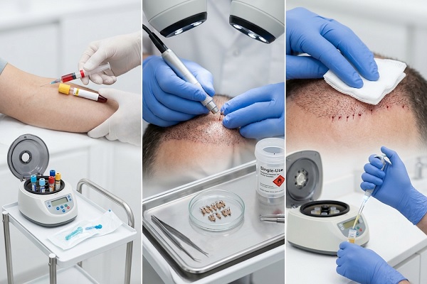 Blood is drawn from a patient's arm to ensure blood safety in hair restoration capillary