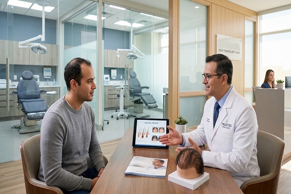 Patient in consultation with a hair transplant specialist at a reputable clinic