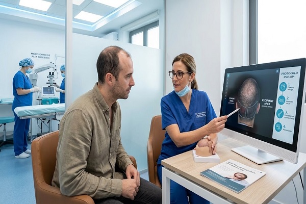 Patient speaking with the specialist before hair graft extraction