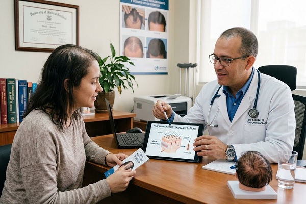 Specialist guides female patient about hair transplantation