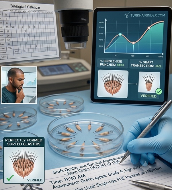 Medical technician inspecting extracted follicular unit grafts in petri dishes for quality control assessment