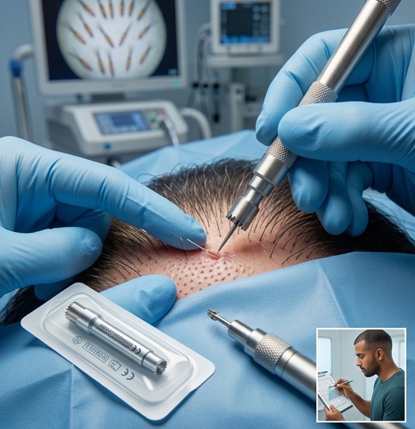 Surgeon wearing sterile gloves performing precise FUE graft extraction in a modern hair clinic operating room