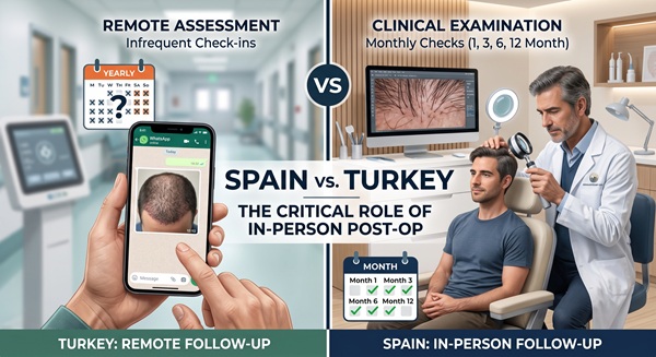 Infographic comparing remote hair transplant follow-up via smartphone photos in Turkey versus in-person clinical examination and month-by-month scalp checks in Spain.