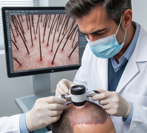 Doctor performing an in-person trichoscopy scalp examination on a patient to evaluate post-hair transplant graft survival and health.