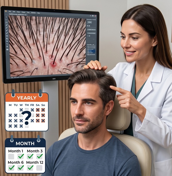 Hair restoration specialist evaluating a patient's full hair transplant density and natural hairline progress during a 12-month follow-up consultation.