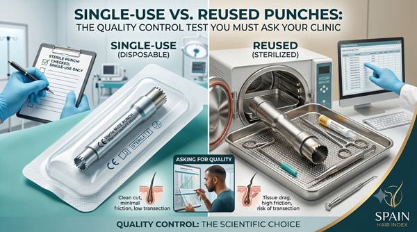 Comparison diagram of a sterile single-use FUE punch in blister packaging versus a reused sterilized punch in a medical tray