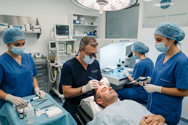 a specialist performing a hair transplant alongside their team of nurses