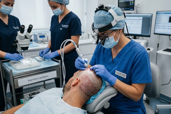 A specialist performs a hair graft extraction on a patient suffering from alopecia