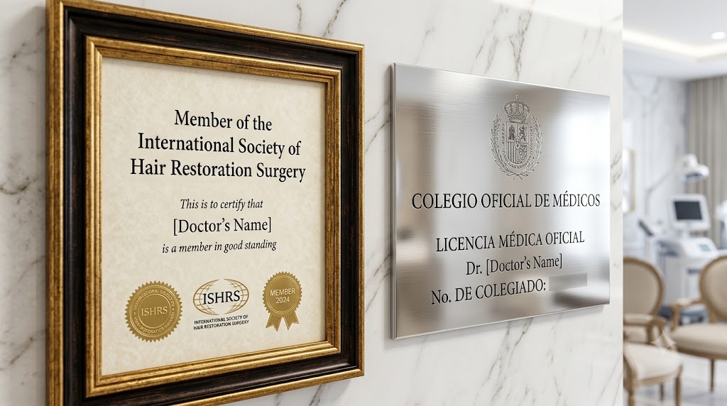 Certificado de miembro de la ISHRS enmarcado y placa oficial de registro médico español expuestos en la pared de una clínica premium.