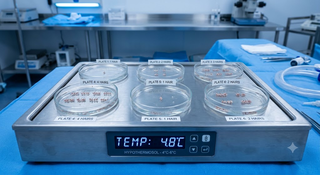 Una toma macro técnica de injertos de unidades foliculares clasificados y almacenados en solución refrigerada HypoThermosol a 4 °C-6 °C sobre una placa de enfriamiento en un entorno clínico estéril.