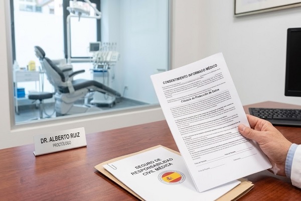 Especialista con el contrato medico donde se aclara la responsabilidad medica en España