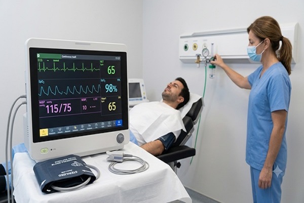 Monitor multiparámetro registrando signos vitales y flujo de oxígeno, esencial como equipamiento de emergencia en clínicas capilares.