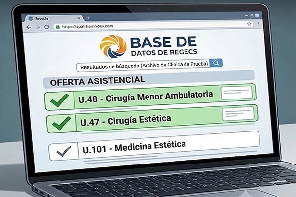 una laptop muestra la busqueda que arrojo el sistema REGECS acerca de una clínica capilar registrada legalmente
