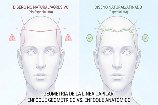 comparación de una línea de cabello hecha por un especialista y otra que demuestra el peligro del intrusismo médico
