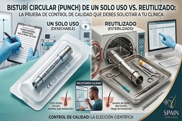 Infografía comparativa para el control de calidad en el injerto capilar, mostrando las ventajas del punch estéril de un solo uso frente al riesgo de los punches reutilizados
