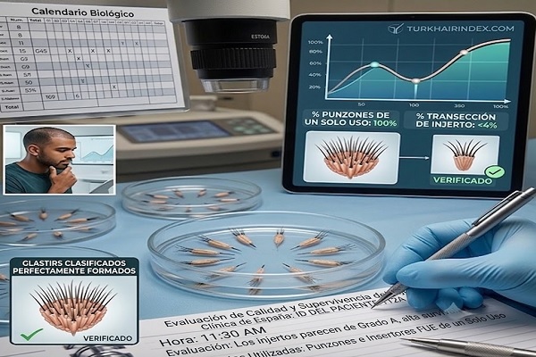 Laboratorio de control de calidad en el injerto capilar con microscopio, placas de Petri con folículos ordenados, y una tablet que verifica el uso de punches 100% monouso