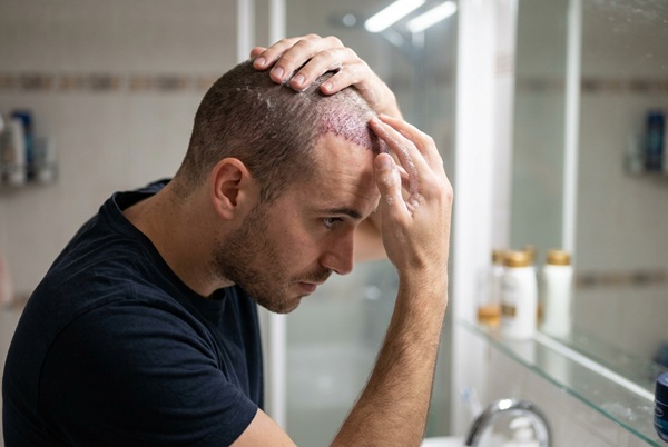 Hombre lavándose el pelo con suavidad en el baño a los 15 días de un injerto capilar