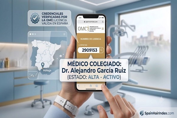 persona veifica que su especialista en trasplante capilar colegiado este en el portal OMC a traves de su telefono