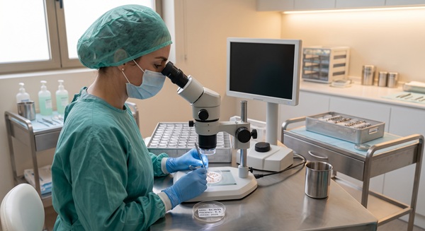 Técnica cualificada clasificando y preparando meticulosamente unidades foliculares bajo microscopio de precisión