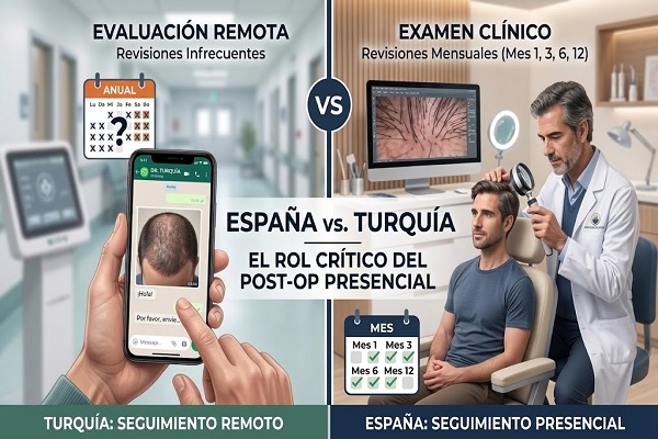 Infografía comparativa sobre el seguimiento del injerto capilar, contrastando las revisiones remotas por móvil frente a la evaluación clínica presencial periódica