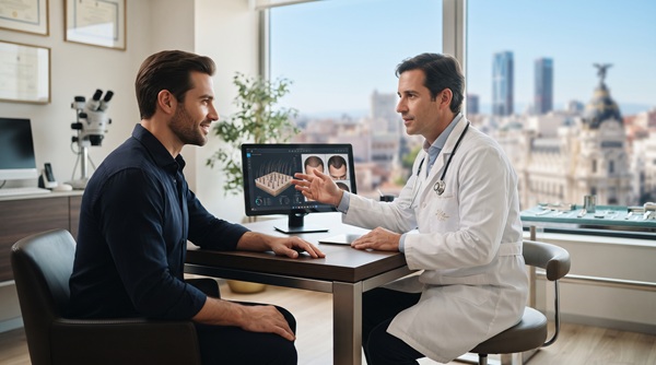 Médico tricólogo explicando un diagnóstico capilar a un paciente en una clínica de Madrid con vistas al skyline de la ciudad