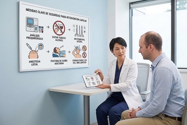 Doctora explicando en consulta las medidas preoperatorias y de seguridad sanguínea en restauración capilar con una infografía médica