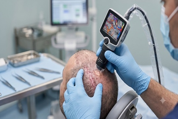 Gros plan d'un chirurgien utilisant un microscope numérique portable avec cartographie vasculaire pour analyser le flux sanguin, une étape clé avant une greffe capillaire pour cicatrices et alopécie avancée