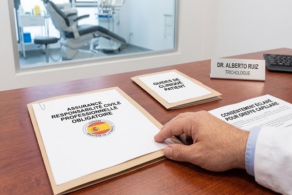 Gros plan d'une assurance responsabilité professionnelle obligatoire et de consentements éclairés sur un bureau, reflétant la responsabilité médicale en Espagne