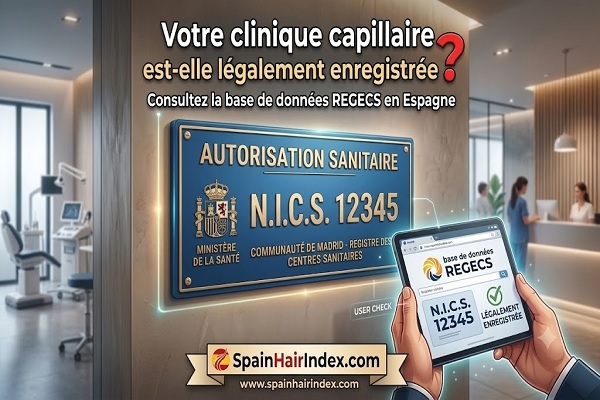 Plaque officielle d'autorisation sanitaire espagnole avec numéro N.I.C.S. à côté d'une tablette confirmant une clinique capillaire légalement enregistrée dans le REGECS