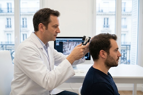 Médecin analysant le cuir chevelu d'un patient à l'aide d'un trichoscope dans une clinique à Paris