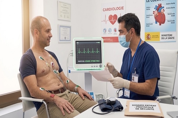 Évaluation cardiaque préalable par électrocardiogramme (ECG) avant une greffe de cheveux sous anesthésie locale dans une clinique espagnole