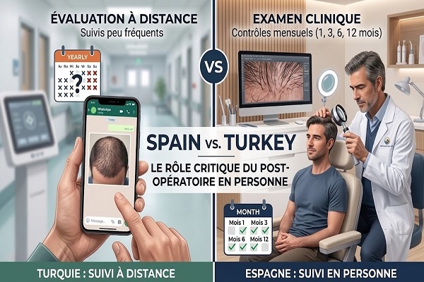 Infographie comparant le suivi d'une greffe de cheveux Espagne vs Turquie, entre un contrôle à distance par photos sur smartphone en Turquie et un examen clinique en personne mois par mois en Espagne