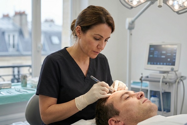 Spécialiste médicale réalisant une greffe de cheveux (FUE ou DHI) sur un patient dans un centre de chirurgie à Paris