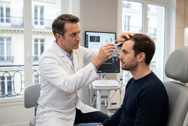 Consultation médicale et examen de la ligne frontale dans une clinique de greffe de cheveux à Paris