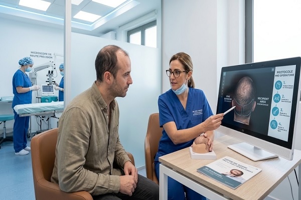 Patient parlant avec le spécialiste avant l'extraction des greffons en Espagne