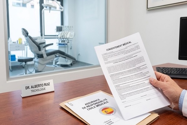 Gros plan d'un document d'assurance pour les cliniques de greffe de cheveux régulées, garantissant la responsabilité médicale en Espagne