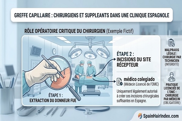 Étapes de la greffe de cheveux montrant l'extraction FUE et les incisions, exigeant le numéro OMC de votre chirurgien capillaire pour une pratique légale en Espagne