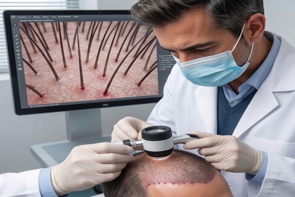 Médecin réalisant une trichoscopie en personne du cuir chevelu pour évaluer la santé des greffons dans le cadre d'une étude greffe de cheveux Espagne vs Turquie.