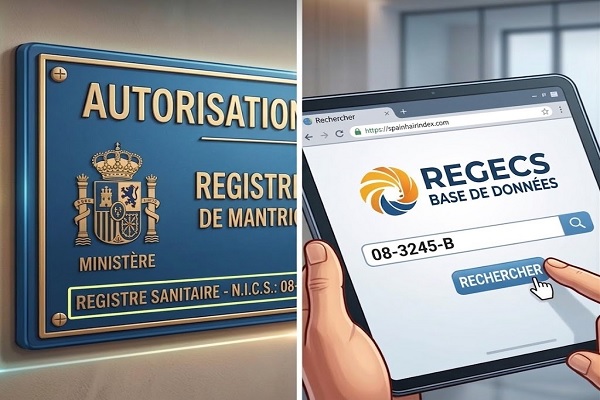 Utilisateur comparant une plaque d'enregistrement sanitaire espagnole et la recherche d'une clinique capillaire légalement enregistrée via son numéro N.I.C.S. sur la base de données REGECS