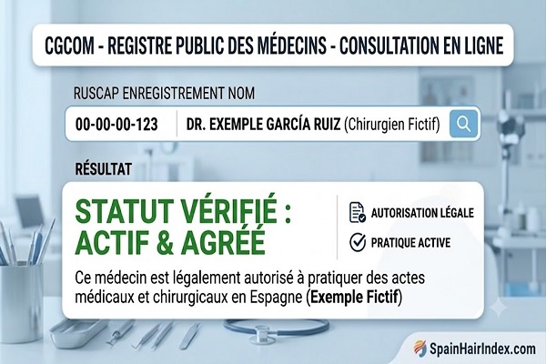 Exemple de recherche dans le registre public du CGCOM affichant le numéro OMC de votre chirurgien capillaire et son statut actif en Espagne